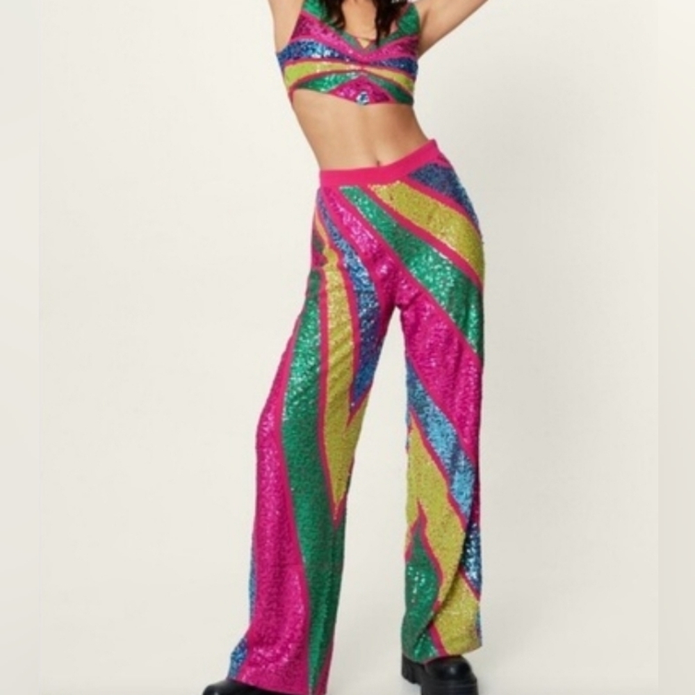 NWT - Nastygal Hot pink Color Block Sequin Wide Leg Pant, Sz. 8